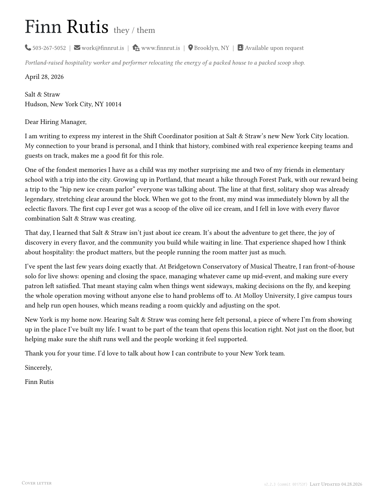 Cover Letter preview