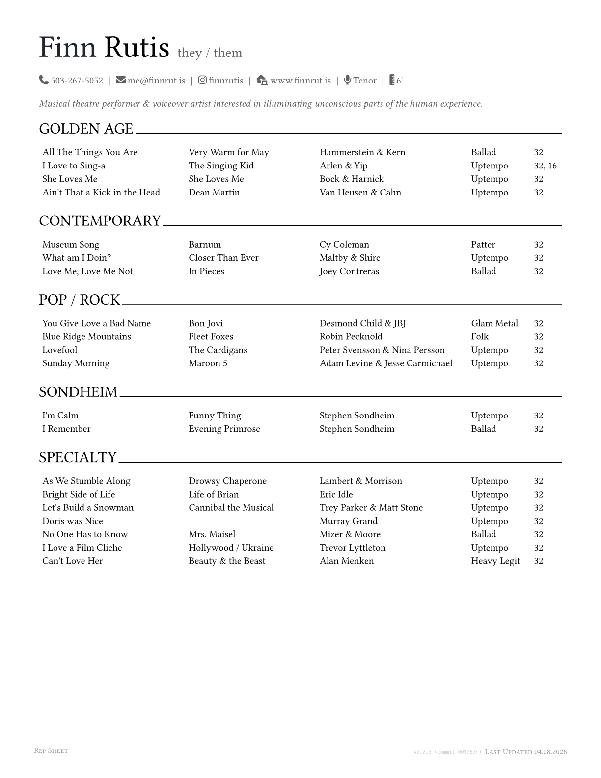 Repertory Sheet preview