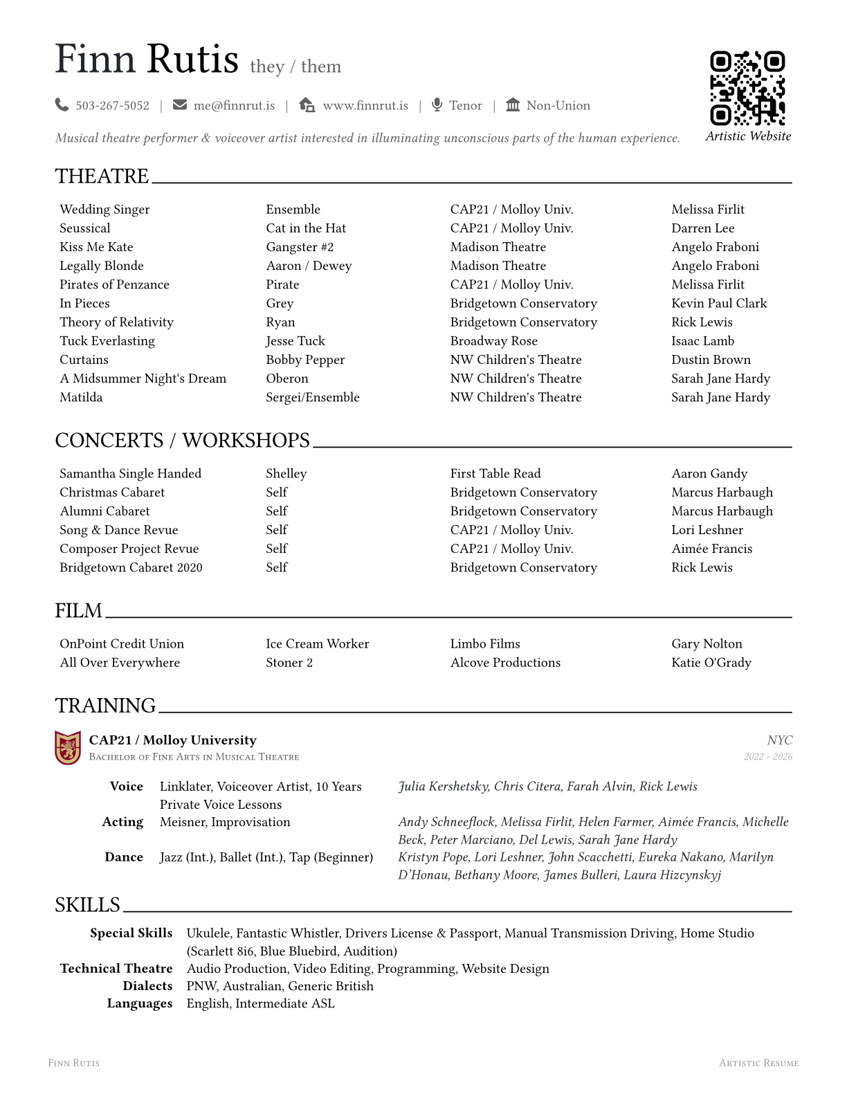 a photo of Finn Rutis' Artistic Resume